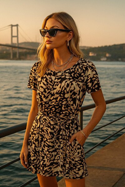 Rich Women's Patterned Dress Crew Neck Short Sleeve Summer Dress Comfortable Casual Dress Relbs3Dsn