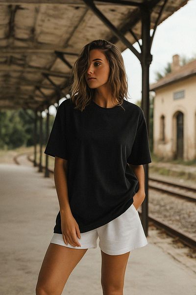 Rich Γυναικείο μαύρο μπλουζάκι 100% βαμβακερό oversize Basic – Άνετο μπλουζάκι με λαιμόκοψη
