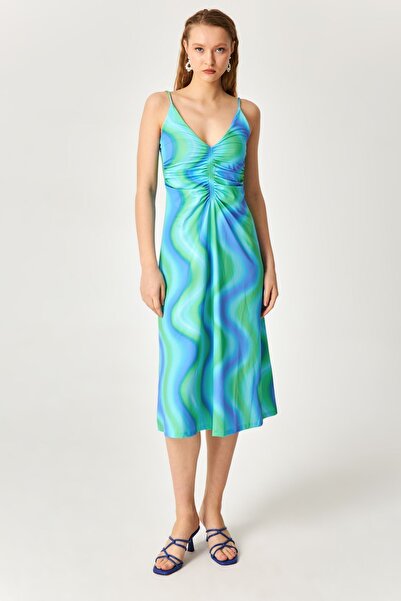 Kallisto فستان ميدي بأشرطة - أزرق منقوش وتفاصيل مجمعة