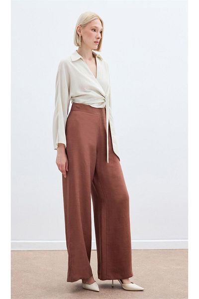 Sateen Casual Linen Trousers - Brown