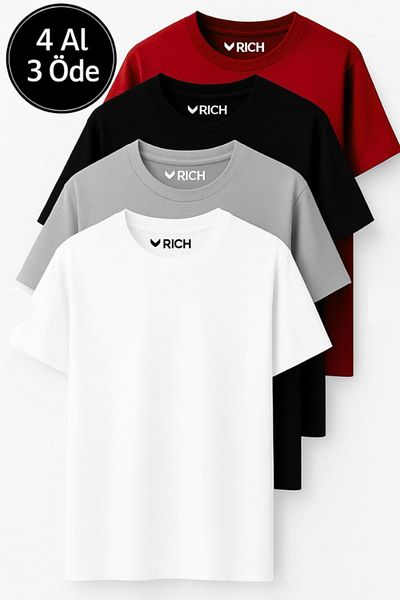 Rich Men's 4-Pack Red-Black-White-Anthracite 100% Cotton Oversize T-Shirt Basic Short Sleeve T-Shirt