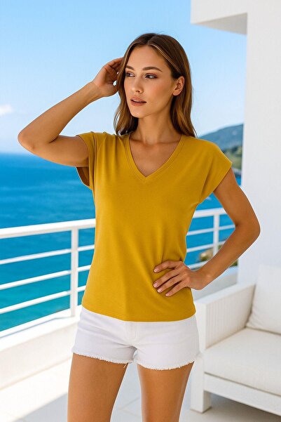Rich Women's Mustard Viscose V Neck T-Shirt Short Sleeve Relaxed Fit Blouse