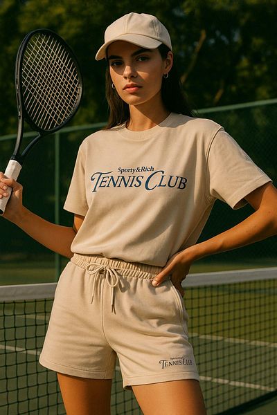 Rich Women's Sporty Short Sleeve Crew Neck Oversize T-Shirt and Shorts Bottom Top Set Tennis Two Piece Set