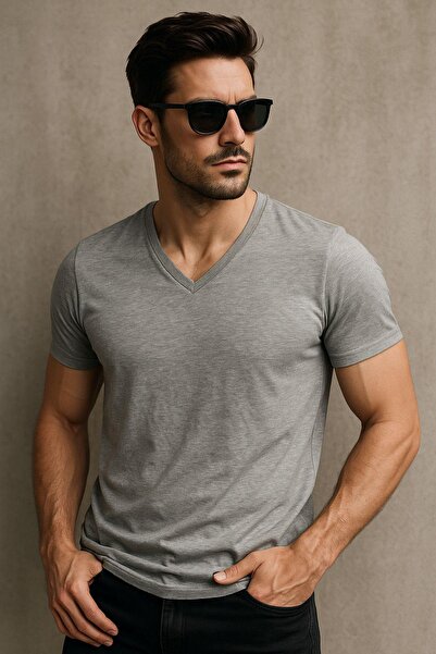 Rich Men's 100% Cotton Short Sleeve V-Neck Gray T-Shirt