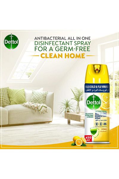 Dettol Disinfectant Spray Citrus Scent 450 ml Kills 99.% Germs, Fresh Fragrance & Multi-surface Protection