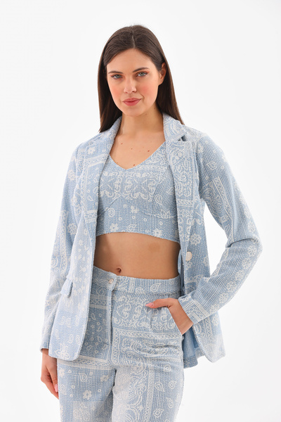 Shine Fine طقم بستير نسائي منقوش باللون الأزرق وبنطلون عالي الخصر