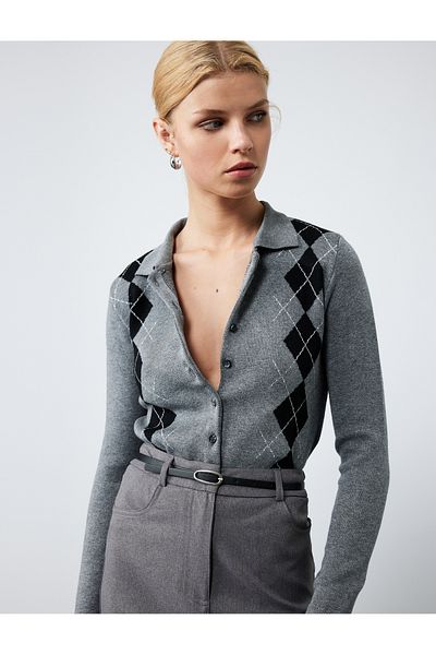 Koton Long Sleeve Polo Neck Plaid Knitwear Cardigan