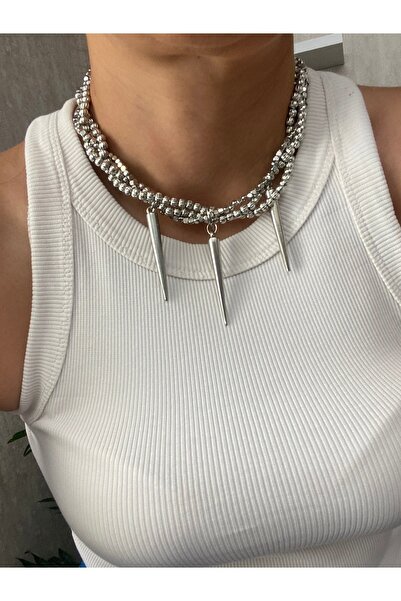 Byoz store Silver Bead 3Row Pendant Women's Necklace