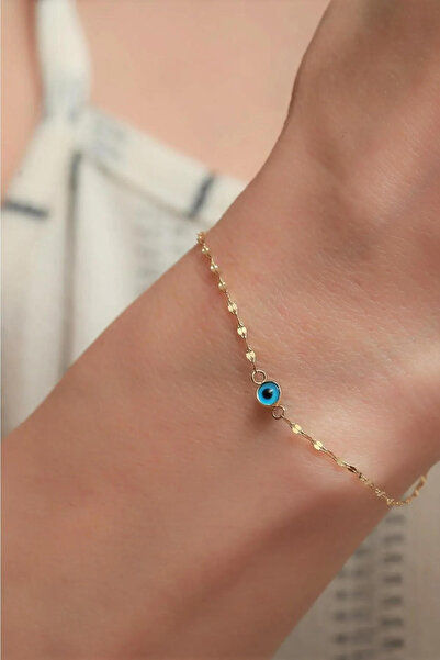 AMES GOLD KUYUMCULUK 14 Ayar Altın Mavi Gözlü Zarif Aynalı Bileklik
