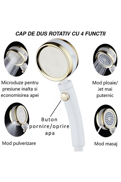 INNOVIO Shower Head with 360° Rotating Head ®, 4 Jet Modes, Water Saving, White/Gold Color