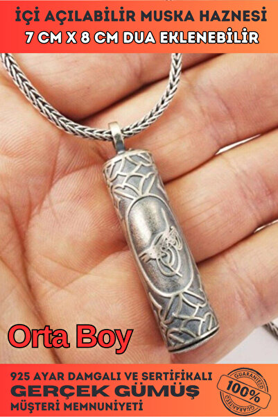 OSMANLI GÜMÜŞ Erkek Gümüş Kolye - Silindir Gümüş Muska Cevşen Haznesi Kolye Z...