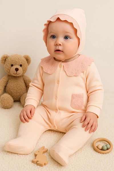 candar Lace Collar Scallop Detailed Baby Girl Jumpsuit 100% Cotton