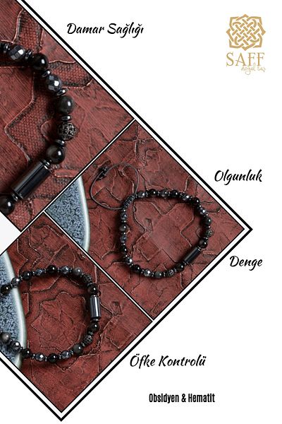 Saff Doğal Taş Certified Hematite & Silver Obsidian & Natural Stone Macrame Bracelet with Zircon Apparatus