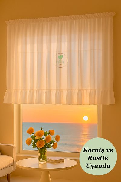 Perdeplus Linen Tulle Curtain with Ruffles / Cornice and Rustic Matching / Honeycomb Tulle Curtain