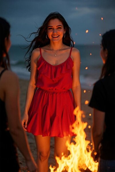 FashionForYou Calipso summer set with crepe texture, with top and 3D effect pant skirt, Red