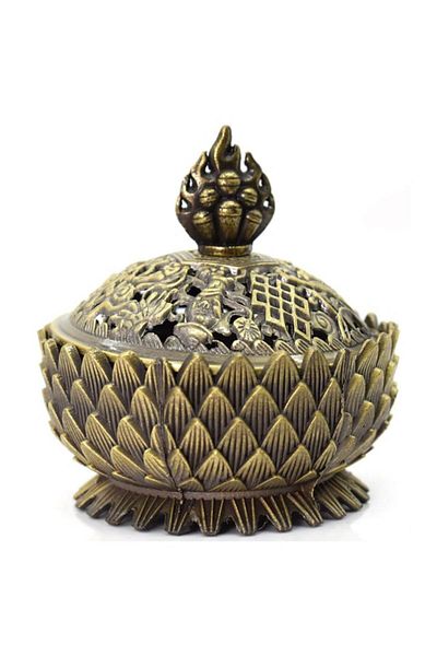 BLA BLA FOAM Burner, incense cone holder in lotus shape with Tibetan symbols, 10x10 cm, bronze