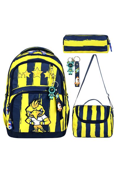 Bodmar Çanta Since 2023 Fan Child Primary School Canary Yellow Navy Blue School Bag (Bag Thermal Lunch Bag Pen Holder)