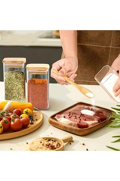 tios home 430ml Wooden Beech Wood Lid Vacuum Mica Acrylic Spice Rack Storage Box 6Pcs