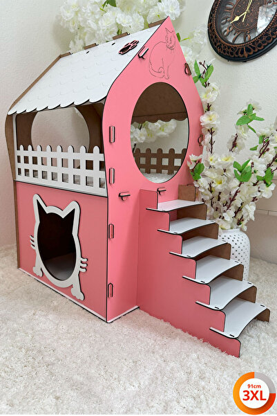 teknomooji 3XL Kedi Evi – Pembe Beyaz, Merdivenli, İki Katlı MDF, 91×92×52 cm