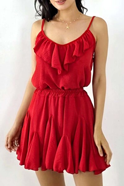 FashionForYou Calipso summer set with crepe texture, with top and 3D effect pant skirt, Red