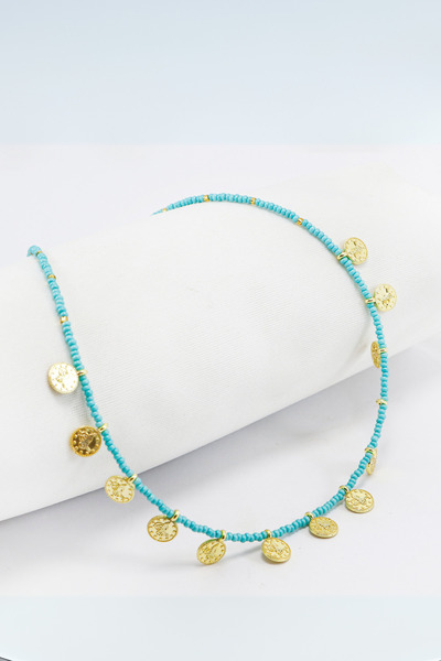 biuti Turquoise Sand Beaded Gold Tugra Figured Bijoux Necklace, Gift Necklace