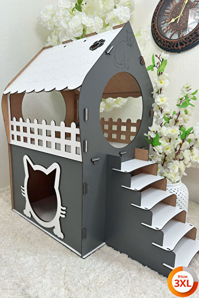 Genel Markalar 3XL Kedi Evi – Beyaz Antrasit, Merdivenli, İki Katlı MDF, 91×9...