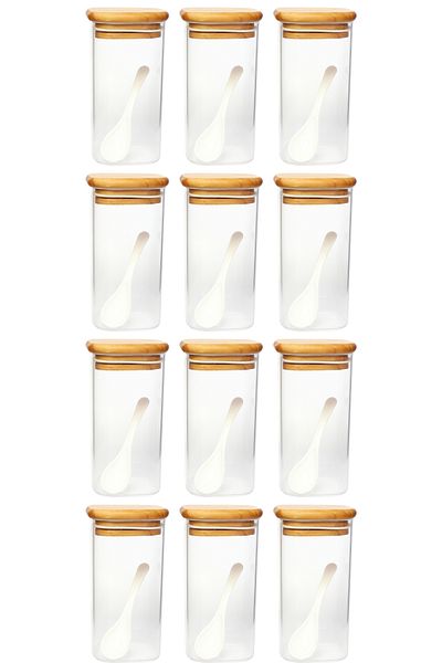 tios home 430ml Wooden Beech Wood Lid Vacuum Mica Acrylic Spice Rack Storage Box 12Pcs
