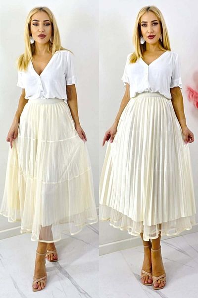 FashionForYou Fustă lungă cu două fețe, LUNA, plisată și aspect de tul, crem, mărime S/M/L
