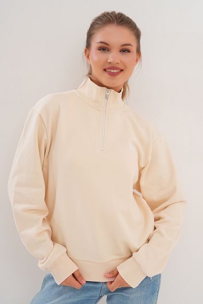 Basics&More Women's Ecru Half Zipper Fisherman Stand Collar Oversize Sweatshirt