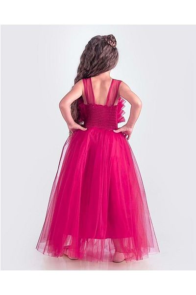 Mnk Baby&Kids Rochie de seară din satin cu bretele pentru fete Sapes Model Back Gipeli Tulle Mnk0618 Fuchsia