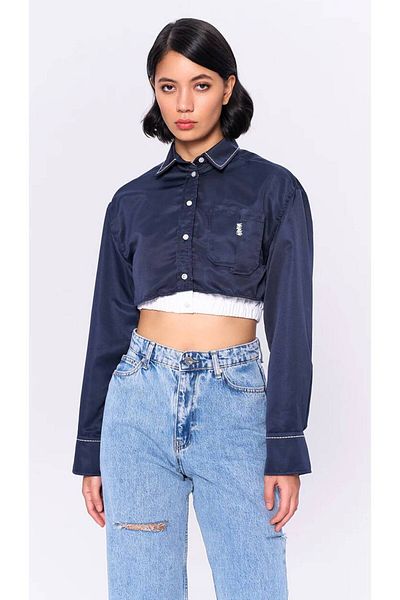 Quzu Asymmetrical Pocket Ribbed Navy Blue Crop Shirt