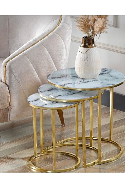 AlberoLife 3'lü Lüx C Zigon Sehpa Gold Ayak BEYAZ MERMER KIRILMAZ CAM