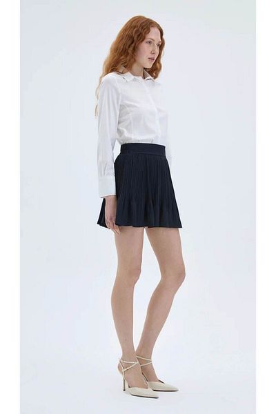 Quzu Navy Blue Mini Skirt with Pleat Detail and Elastic Waist