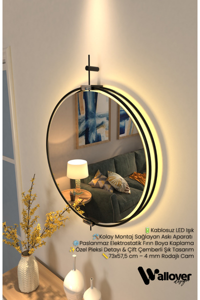 Wallover Design Layra Led'li Büyük Boy Duvar Aynası – Çift Çemberli Modern Ta...