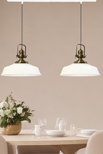 Bamyum İkili Beyaz İç Beyaz Asaletli Avize Eskitme Başlık Retro Sarkıt Lamba Mutfak Salon Kafe Avizeleri