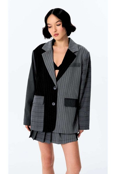 Quzu Line Matchli Double Breasted Collar Blazer Anthracite Jacket