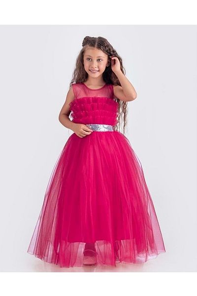 Mnk Baby&Kids Rochie de seară din satin cu bretele pentru fete Sapes Model Back Gipeli Tulle Mnk0618 Fuchsia