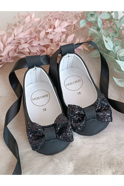 Hodore Perla Black Genuine Leather Baby Ballerina Shoes