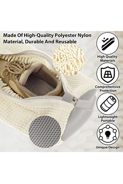 elfnur Ayakkabı Yıkama Çantası Özel Makarna Kumaş Fermuarlı Büyük Boy Mikrofiber Beyaz Renk
