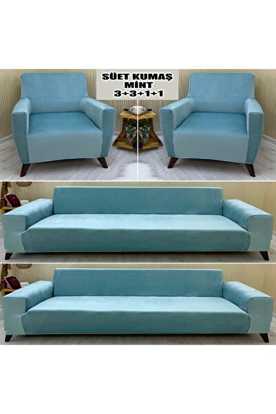 KILIFSAN Süet Detaylı Angora Kumaş 2 Adet Üçlü & Çekyat- 2 Adet Tekli Set Kol...