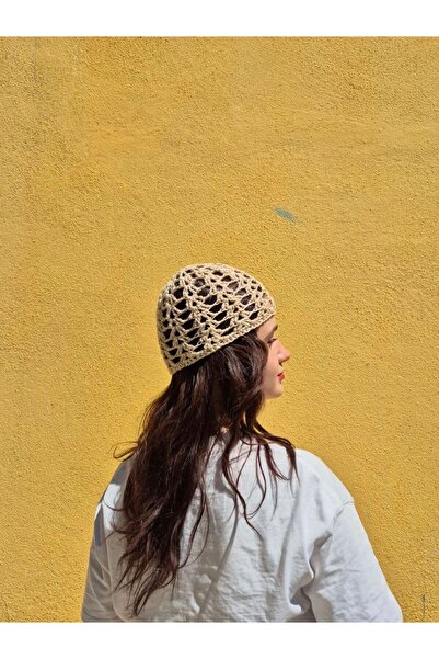 MELUSH Pălărie din croșetat din plasă cu paiete de culoare bej, șapcă cu mode...