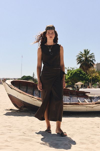 Antioch Brown Linen Blend Belted Women's Skirt