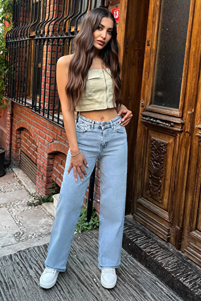 BİKELİFE Dámské 90. let elastické široké nohavice Ležérní džínové kalhoty Palazzo