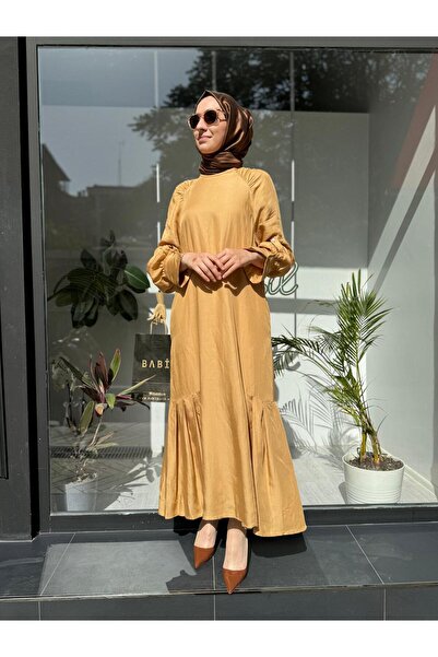 VENO Sırt Nakışlı İpek Keten Kadın Tasarım Elbise Bej