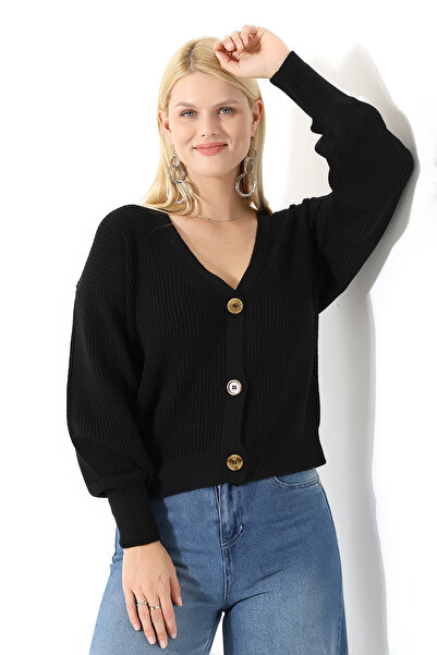 Marvine Cardigan tricotat cu mâneci lungi pentru femei, cu nasturi, negru
