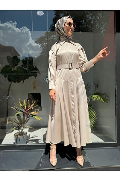 VENO Taş İşleme Detaylı Tasarım Kadın Elbise Taş Rengi