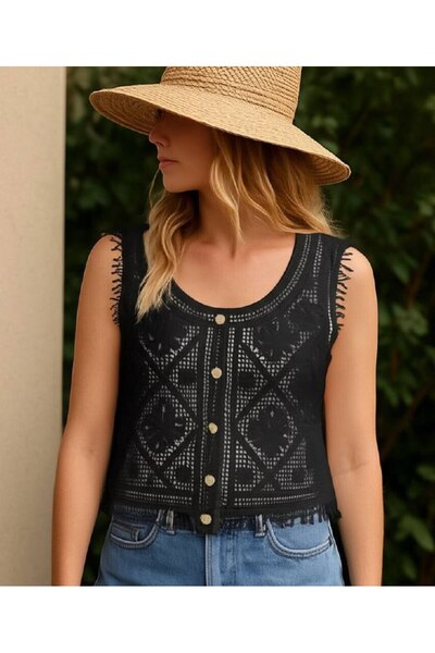 rengastyle Women's Lace Detail Buttoned Knitwear Vest