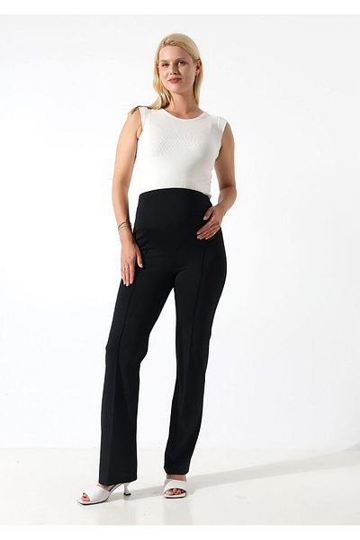 WAYS Women's Ribbed Front Black Plain Diver Waist Adjustable Maternity Pants