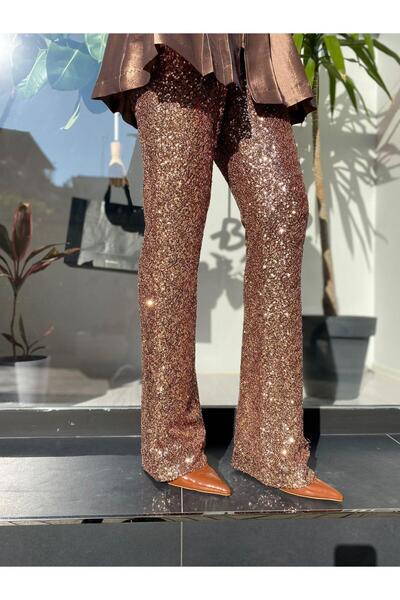 VENO Pul Sequined Women's Trousers Brown