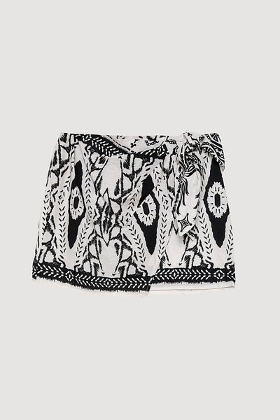 Quzu Bohemian Patterned Knot Tie Mini Skirt Ecru